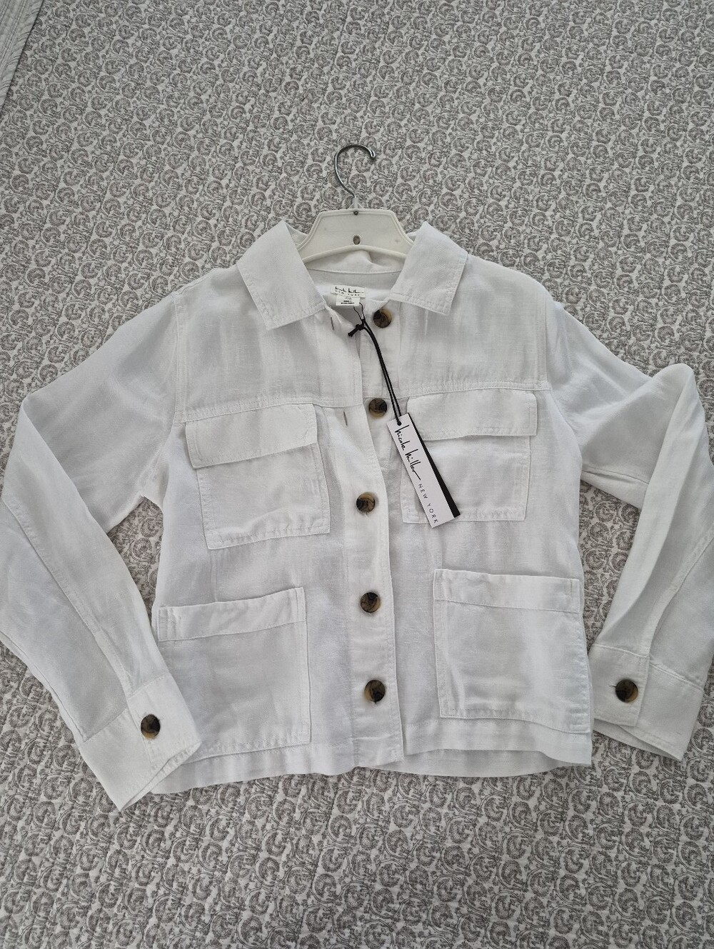 NWT Nicole Miller White Linen-Blend Button Front Utility Jacket, Size Small